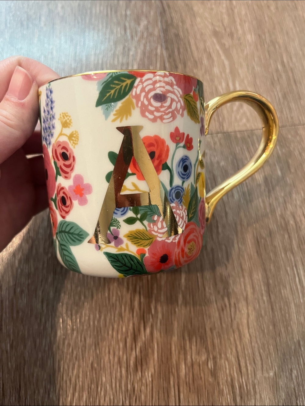 Rifle Paper Co by Anthropologie Floral ‘A' Ceramic Mug with Gold Handle
